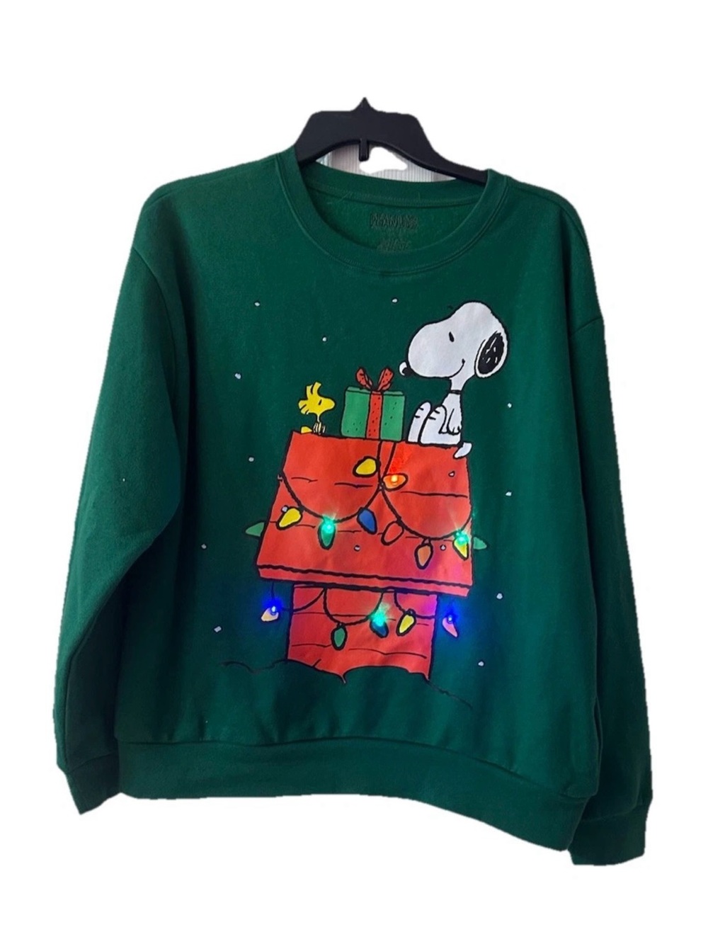 Peanuts Snoopy Woodstock Christmas Light Up Sweatshirt Green Women’s J L Holiday